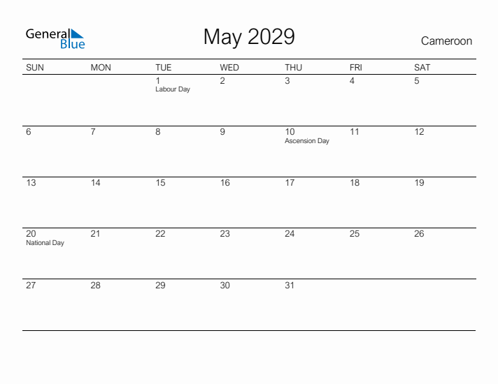 Printable May 2029 Calendar for Cameroon