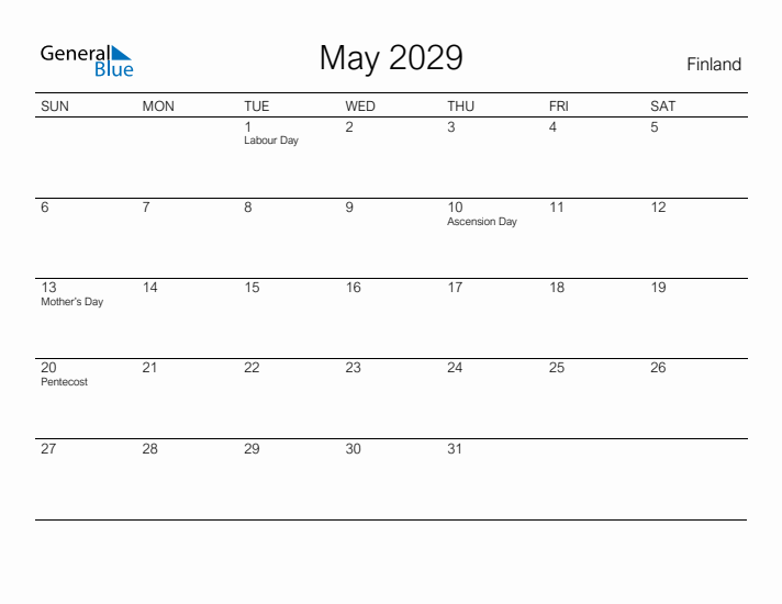 Printable May 2029 Calendar for Finland