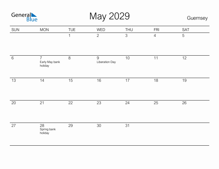 Printable May 2029 Calendar for Guernsey