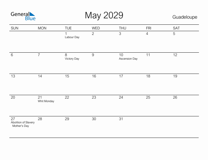 Printable May 2029 Calendar for Guadeloupe