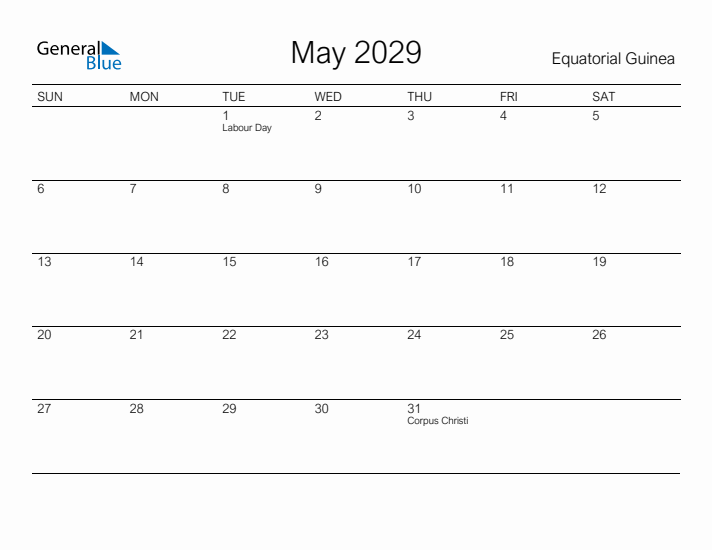 Printable May 2029 Calendar for Equatorial Guinea