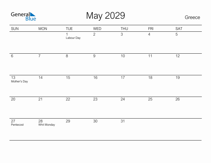 Printable May 2029 Calendar for Greece