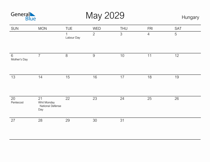 Printable May 2029 Calendar for Hungary