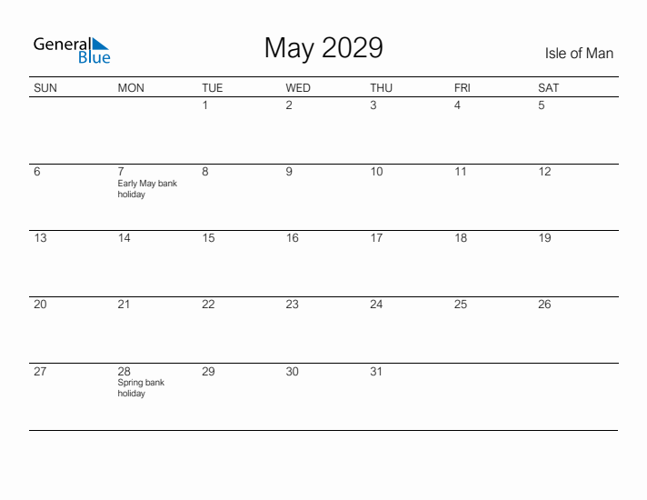 Printable May 2029 Calendar for Isle of Man