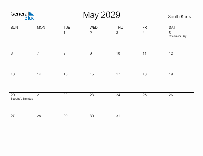 Printable May 2029 Calendar for South Korea