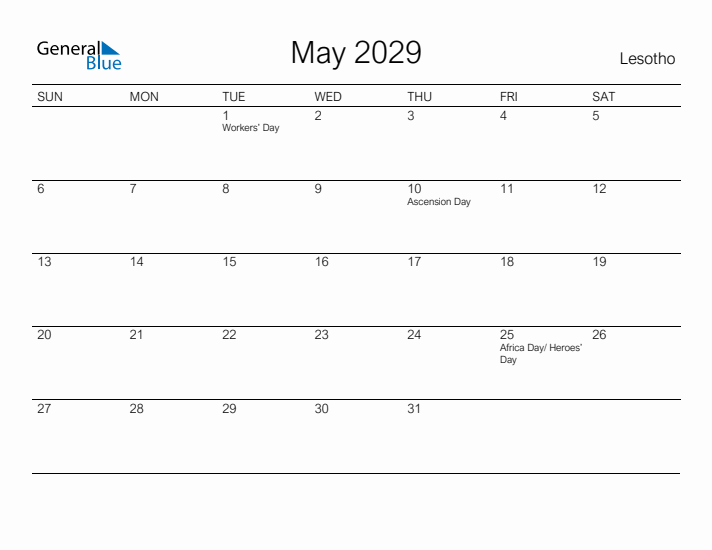 Printable May 2029 Calendar for Lesotho