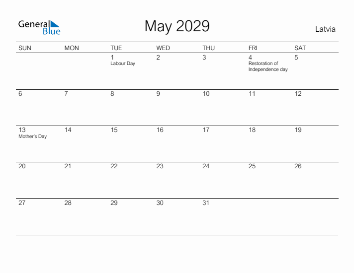 Printable May 2029 Calendar for Latvia