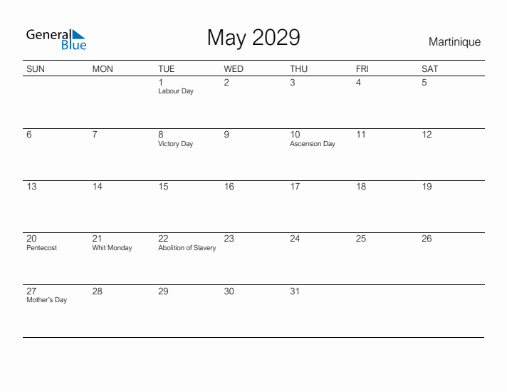 Printable May 2029 Calendar for Martinique