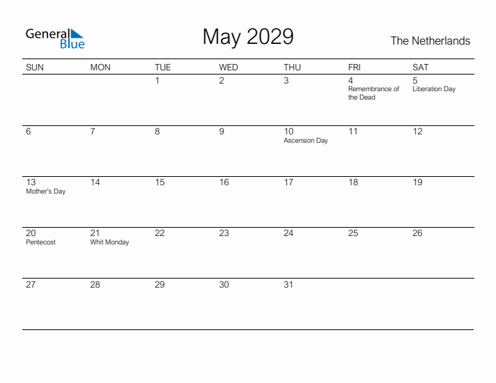 Printable May 2029 Calendar for The Netherlands