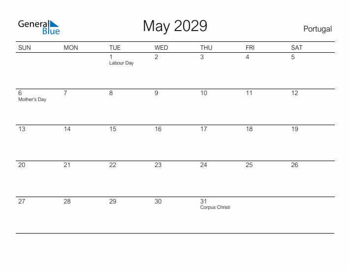 Printable May 2029 Calendar for Portugal