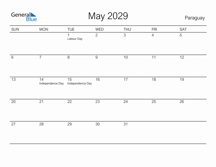 Printable May 2029 Calendar for Paraguay