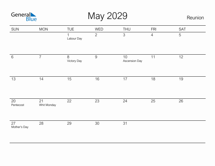 Printable May 2029 Calendar for Reunion