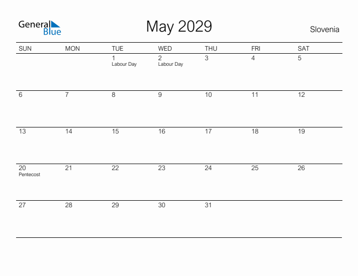 Printable May 2029 Calendar for Slovenia