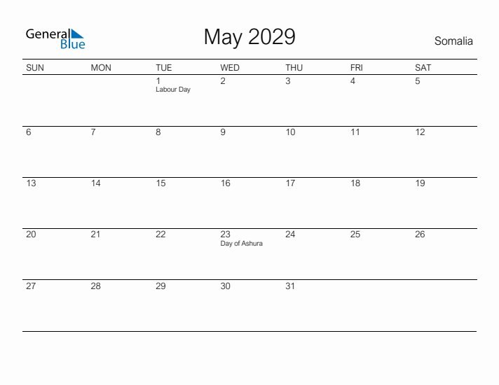 Printable May 2029 Calendar for Somalia