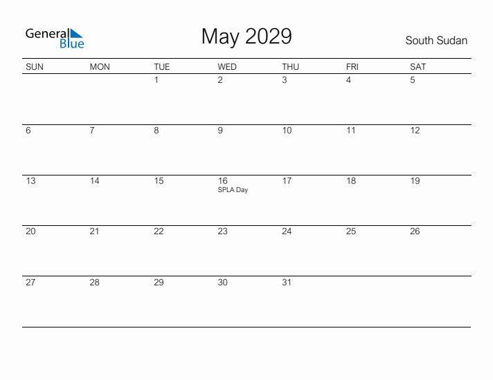 Printable May 2029 Calendar for South Sudan