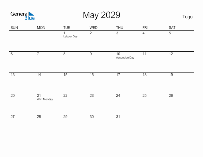 Printable May 2029 Calendar for Togo