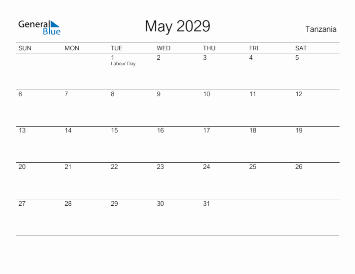 Printable May 2029 Calendar for Tanzania