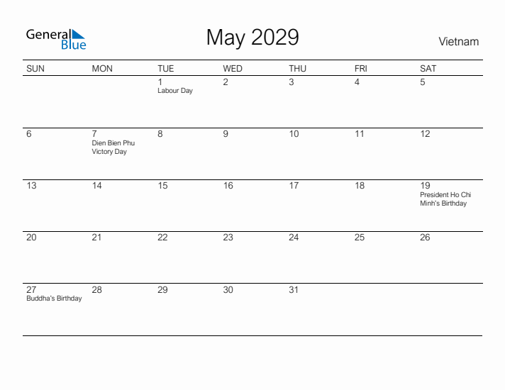 Printable May 2029 Calendar for Vietnam