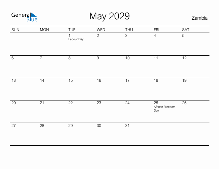 Printable May 2029 Calendar for Zambia