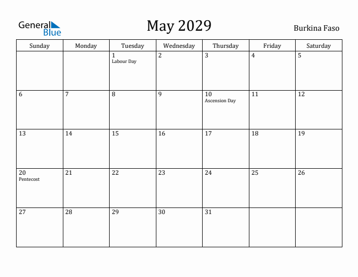 May 2029 Calendar Burkina Faso