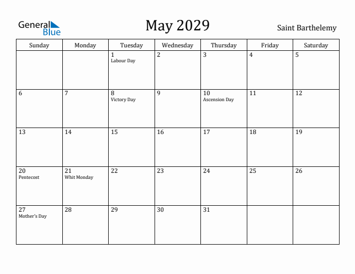May 2029 Calendar Saint Barthelemy