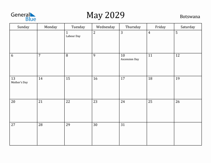 May 2029 Calendar Botswana