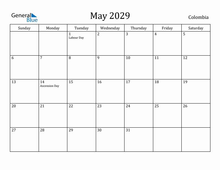 May 2029 Calendar Colombia