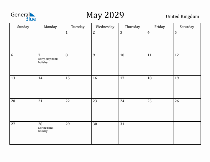 May 2029 Calendar United Kingdom
