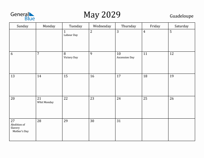 May 2029 Calendar Guadeloupe