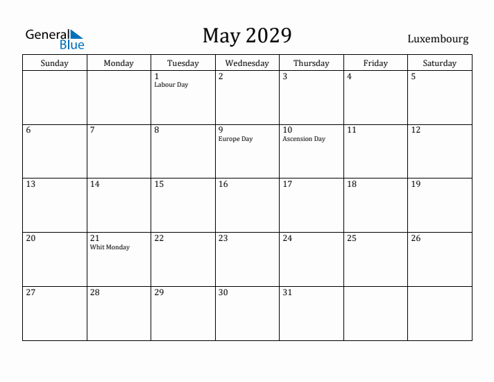 May 2029 Calendar Luxembourg
