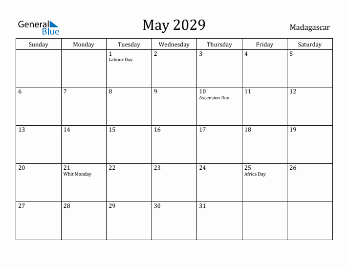 May 2029 Calendar Madagascar