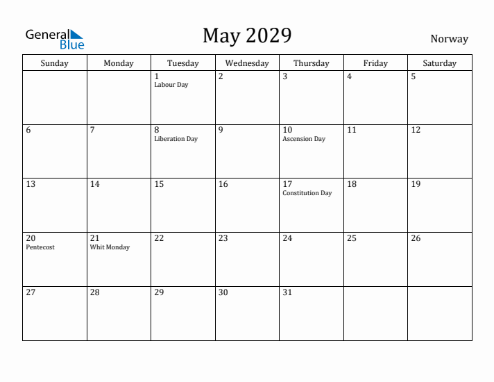 May 2029 Calendar Norway