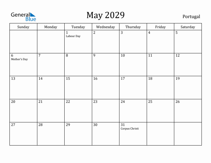 May 2029 Calendar Portugal