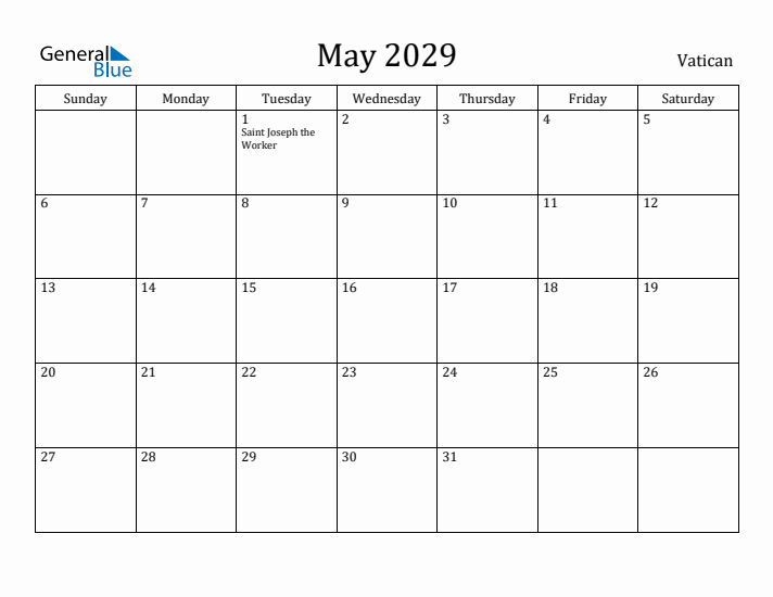 May 2029 Calendar Vatican