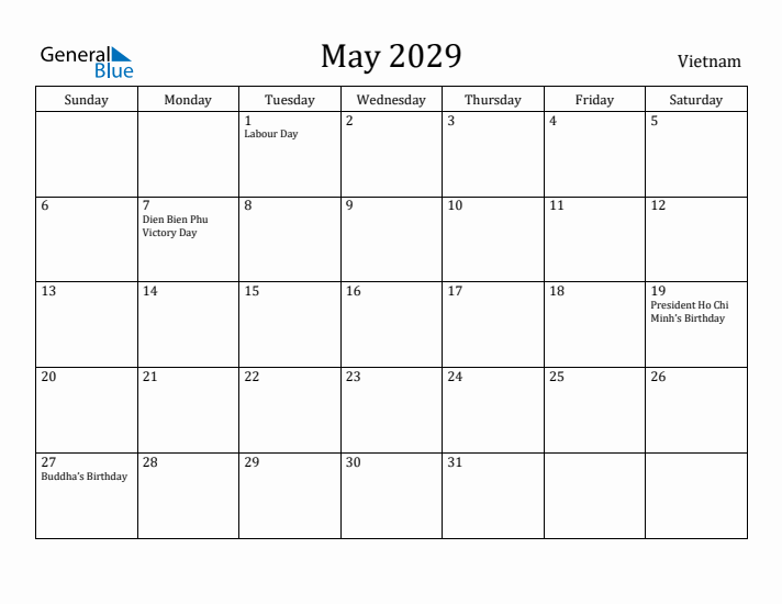 May 2029 Calendar Vietnam