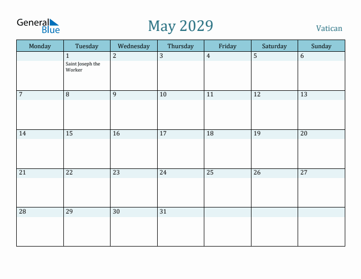 May 2029 Calendar with Holidays