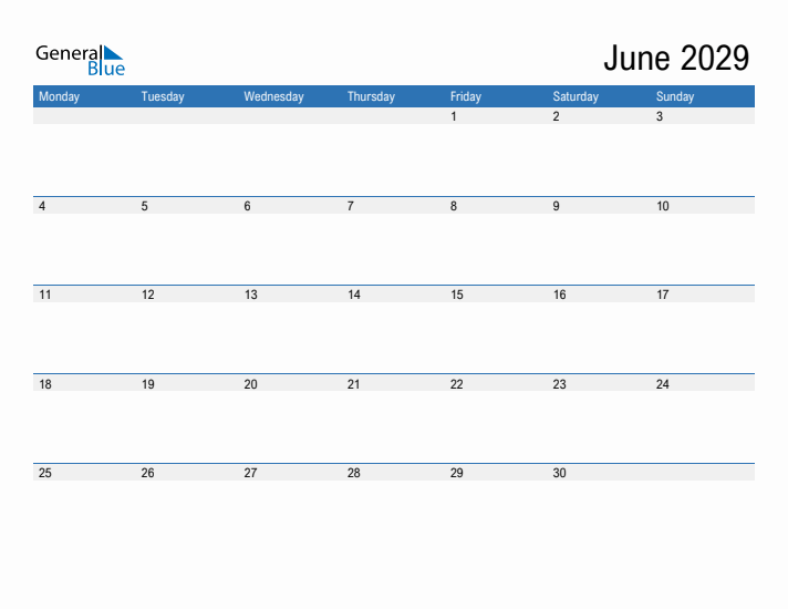 Fillable Calendar for June 2029