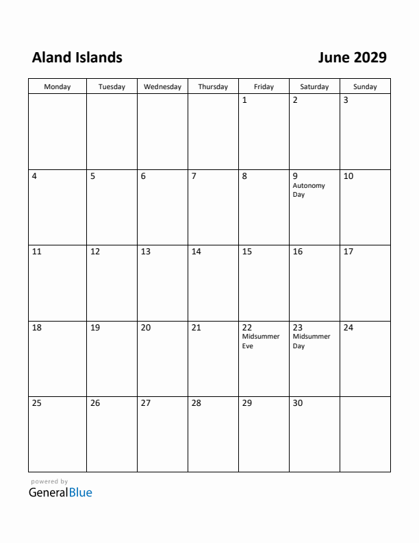June 2029 Calendar with Aland Islands Holidays