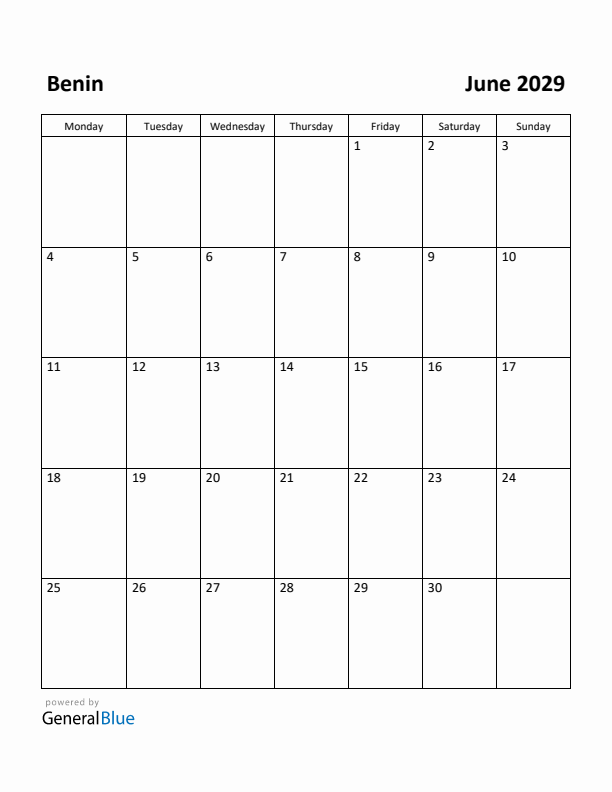 June 2029 Calendar with Benin Holidays