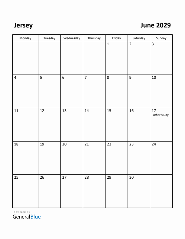 June 2029 Calendar with Jersey Holidays