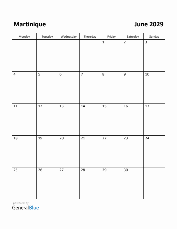June 2029 Calendar with Martinique Holidays