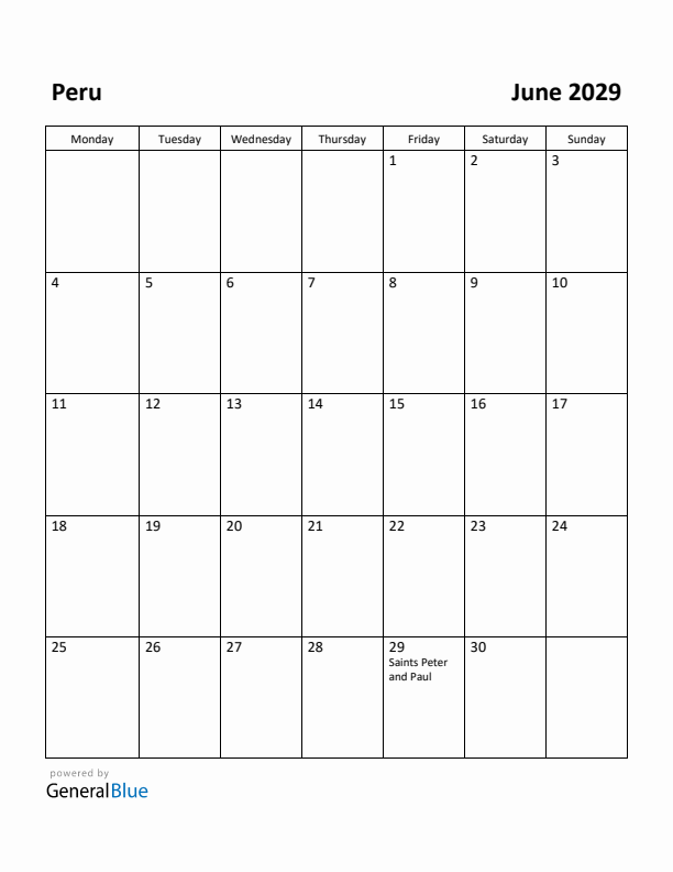 June 2029 Calendar with Peru Holidays