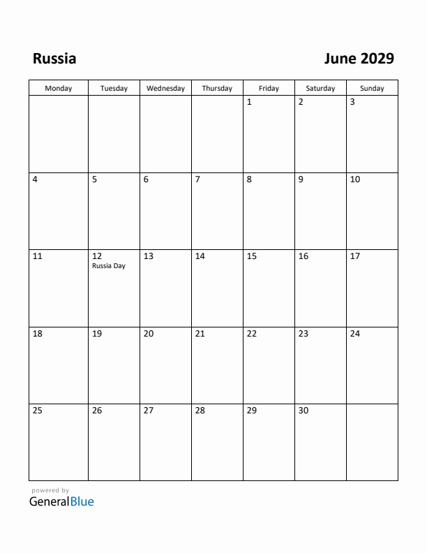 June 2029 Calendar with Russia Holidays