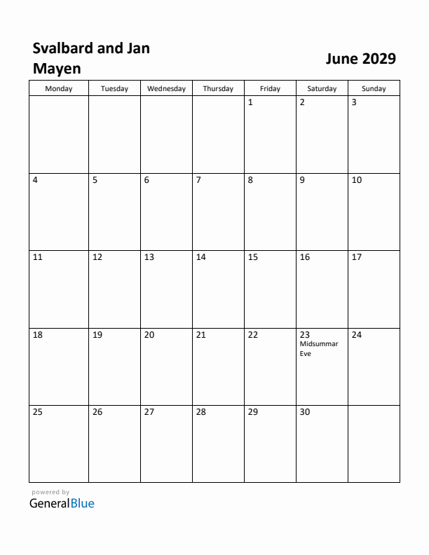 June 2029 Calendar with Svalbard and Jan Mayen Holidays