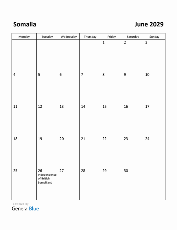 June 2029 Calendar with Somalia Holidays