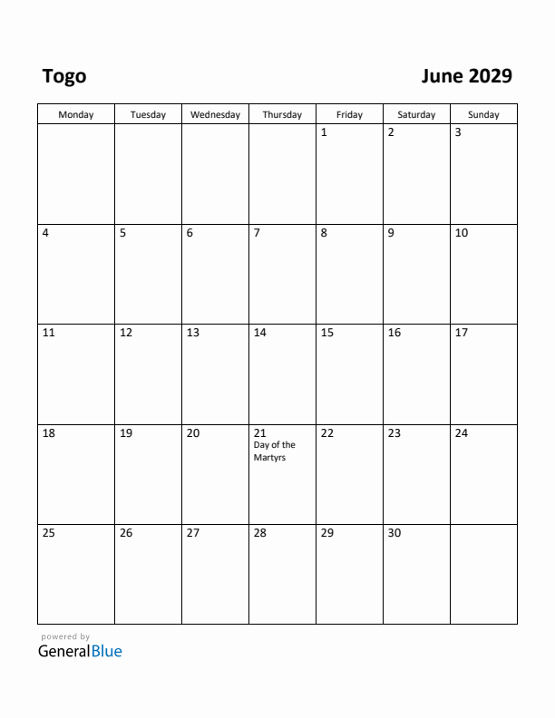 June 2029 Calendar with Togo Holidays
