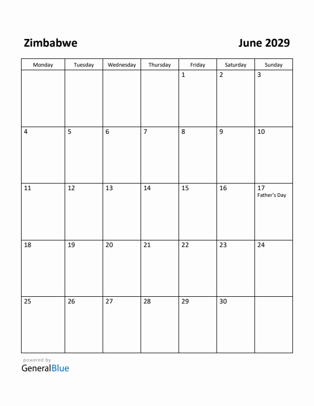 June 2029 Calendar with Zimbabwe Holidays
