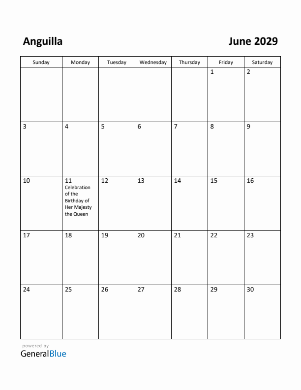 June 2029 Calendar with Anguilla Holidays