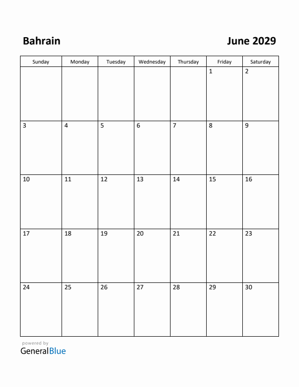 June 2029 Calendar with Bahrain Holidays