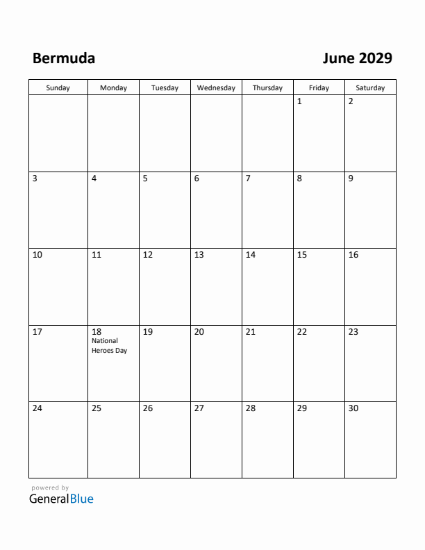 June 2029 Calendar with Bermuda Holidays